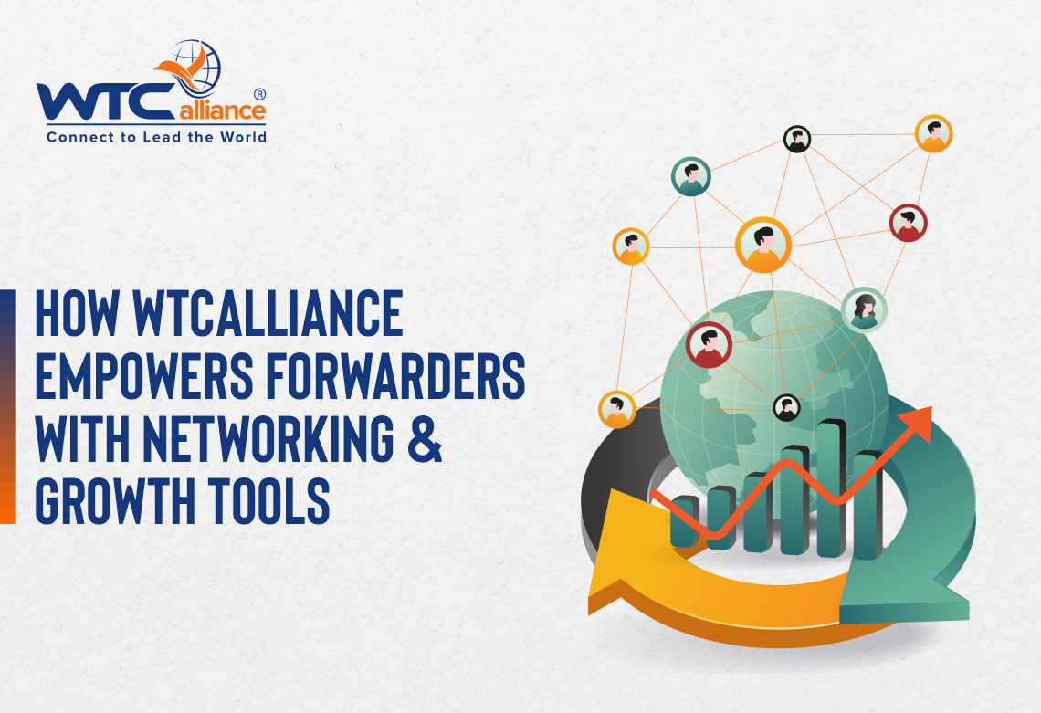 An illustrated banner with the WTCalliance logo and the text 'How WTCalliance Empowers Forwarders with Networking & Growth Tools.' The image shows a spinning globe with various avatars connected by lines, surrounding a growth chart and a large circular arrow, symbolizing global networking and business expansion.